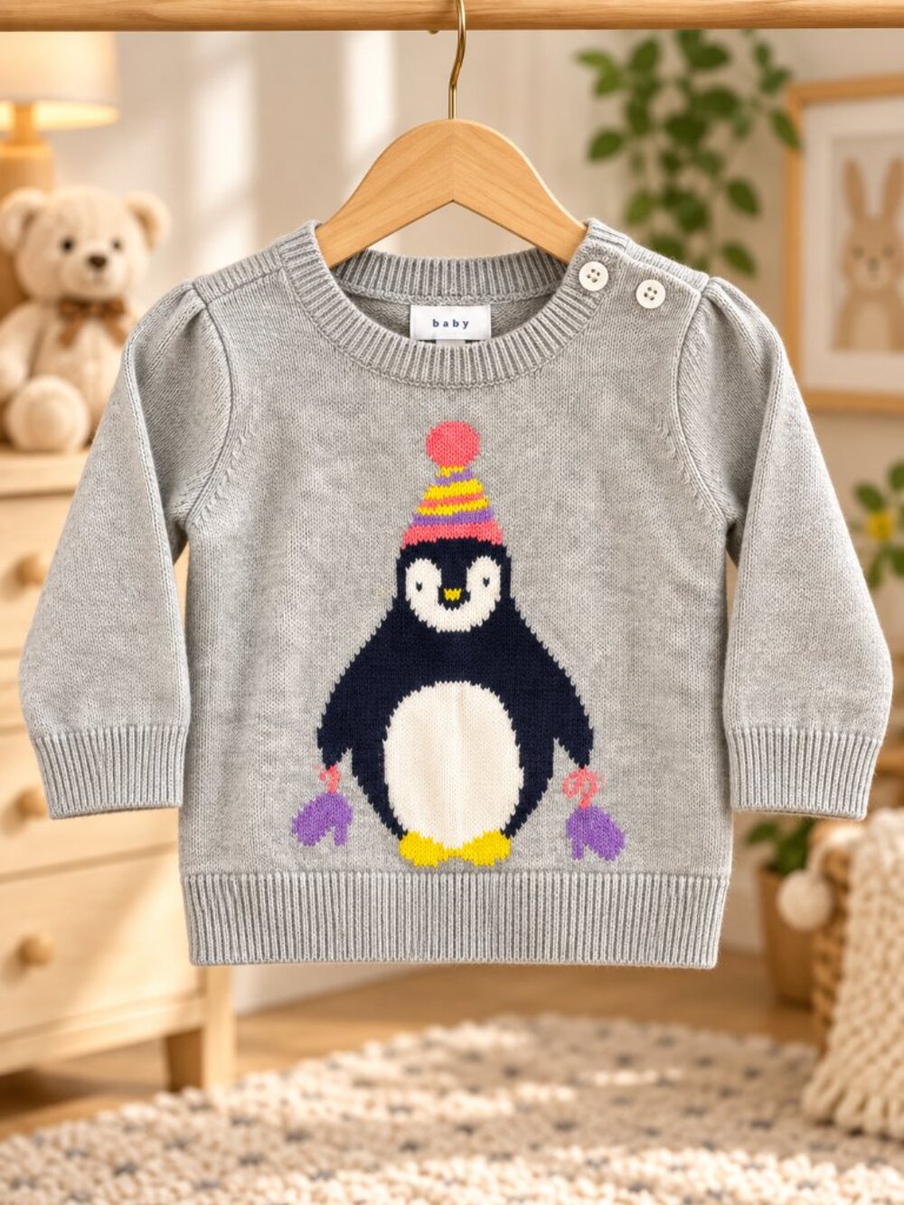 Baby Gap 3-6M Gray Penguin Intarsia Cotton Knit Sweater Winter Holiday